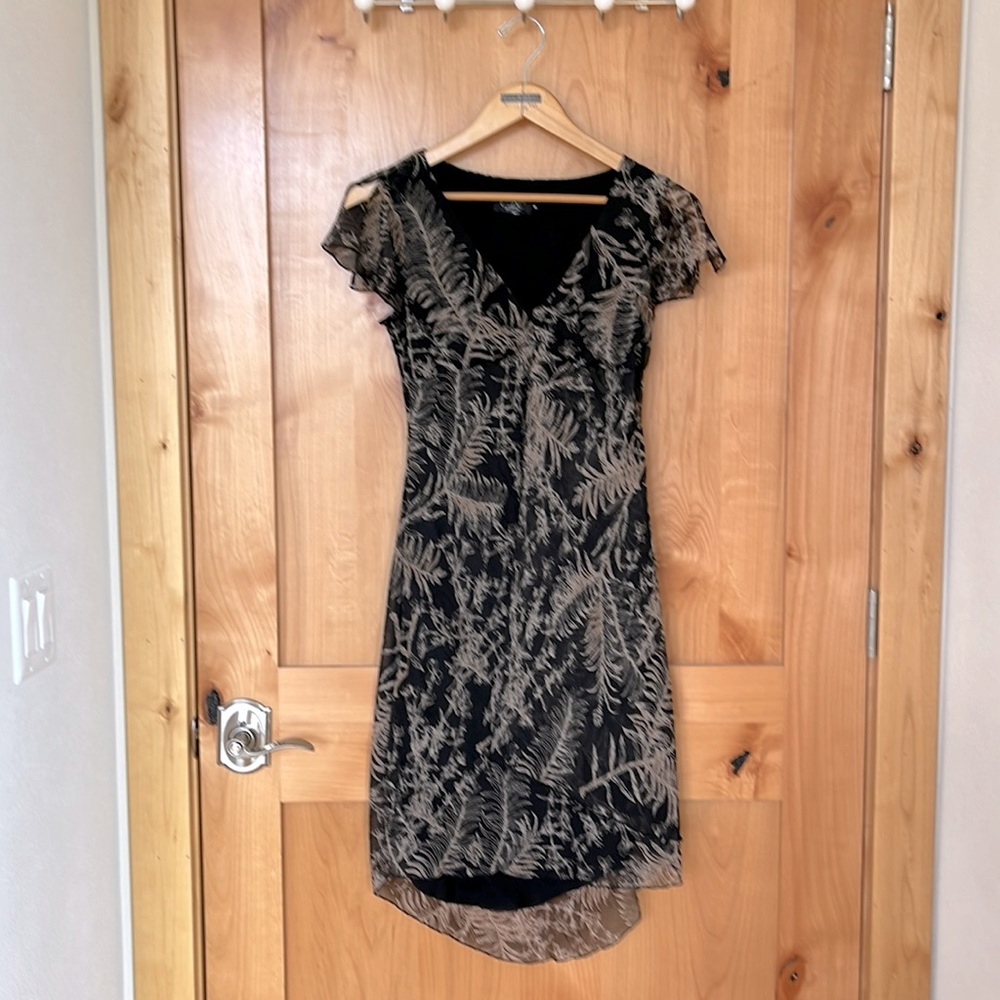 Black and beige botanical print dress, high/low hem, size 4 petite.